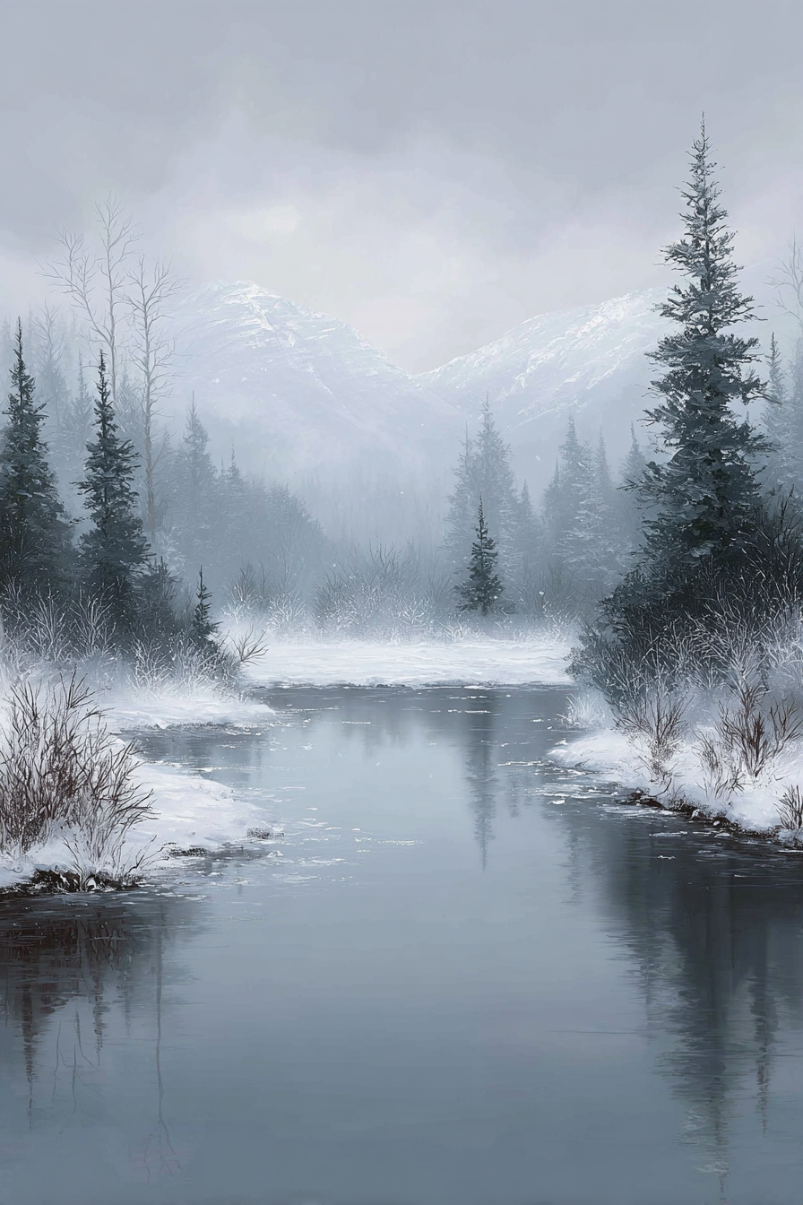 Winterlandschaft Mit Fluss Neblige Berge Und Tannen | Eis und Schnee | Natur
