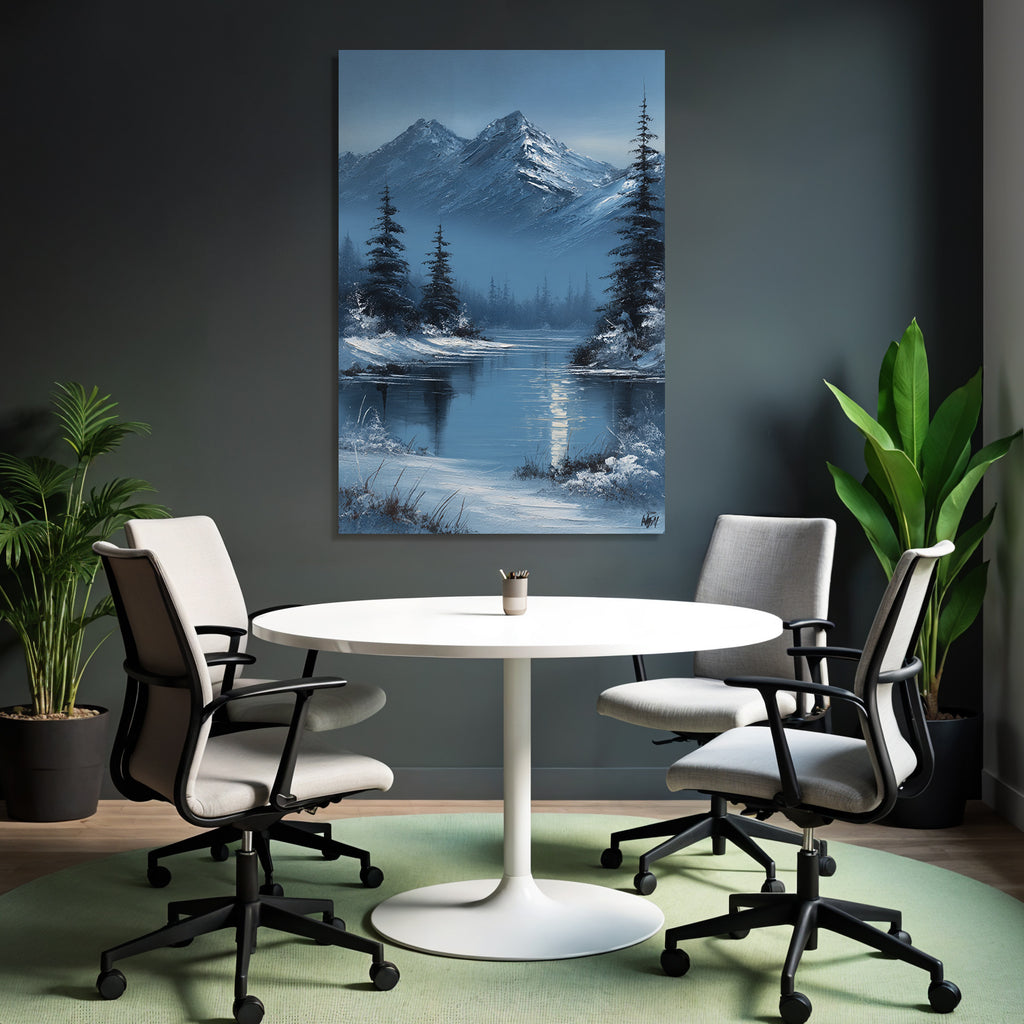 Winterlandschaft Mit Schneebedeckten Bergen Und Tannen Vor Spiegelndem See