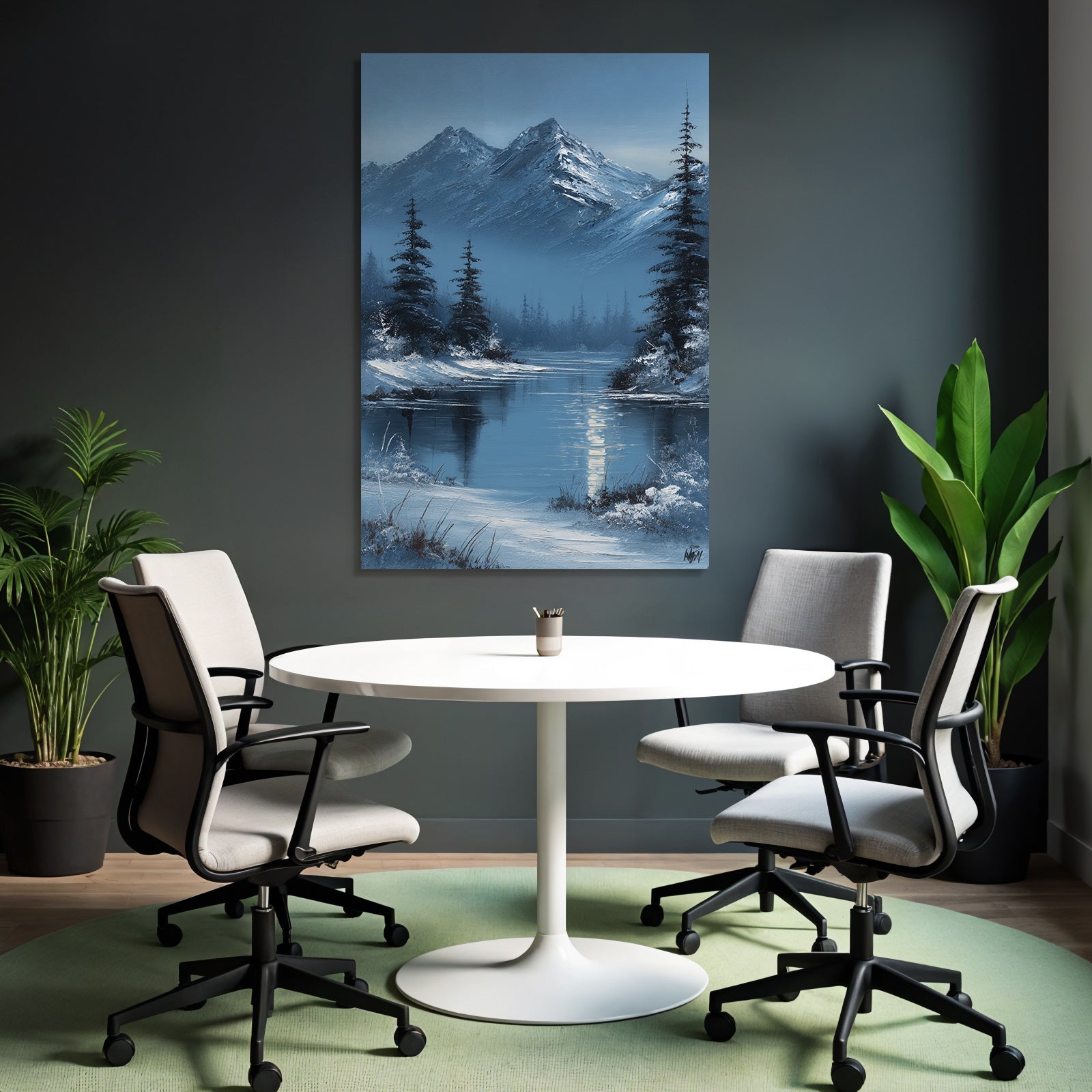 Winterlandschaft Mit Schneebedeckten Bergen Und Tannen Vor Spiegelndem See