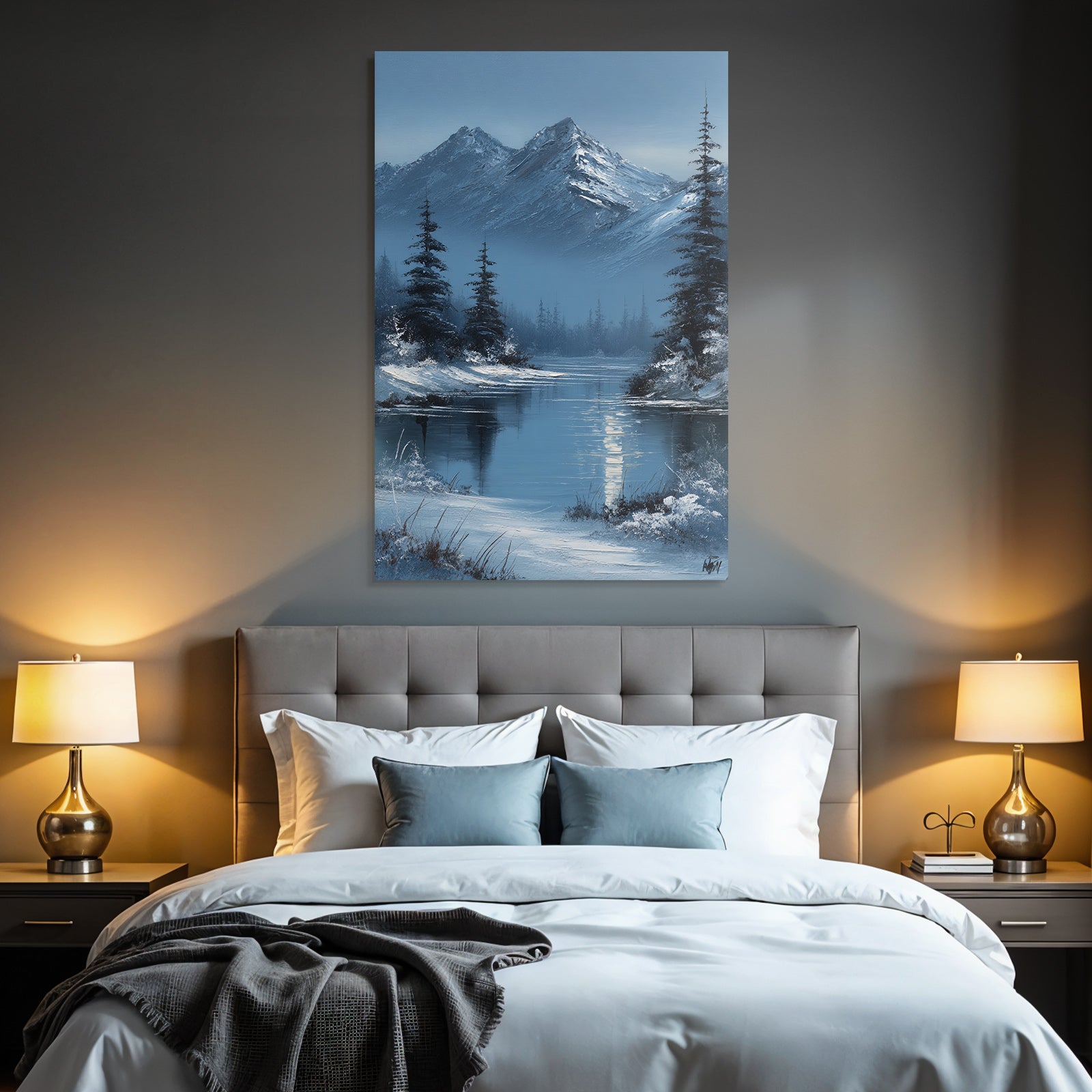 Winterlandschaft Mit Schneebedeckten Bergen Und Tannen Vor Spiegelndem See