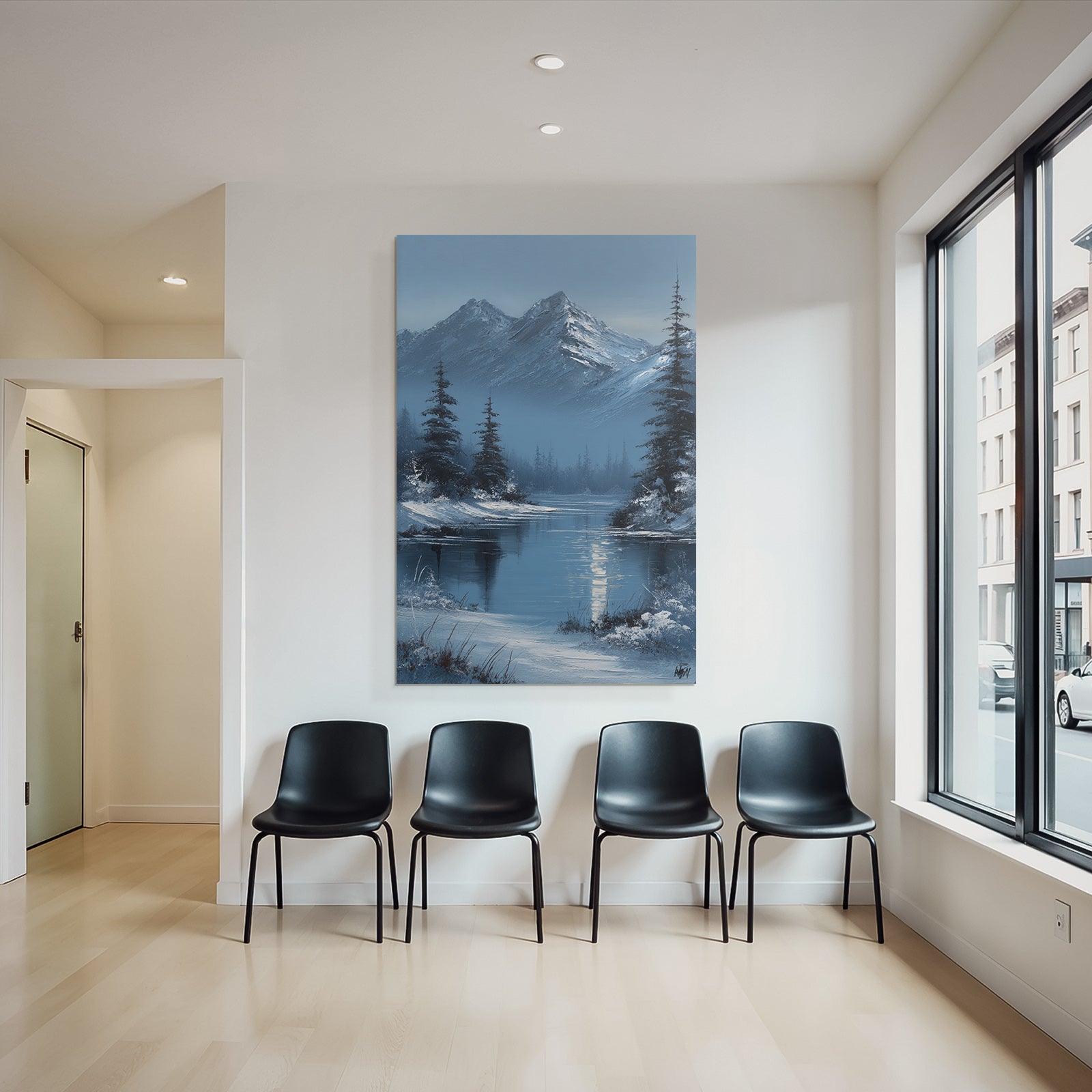Winterlandschaft Mit Schneebedeckten Bergen Und Tannen Vor Spiegelndem See