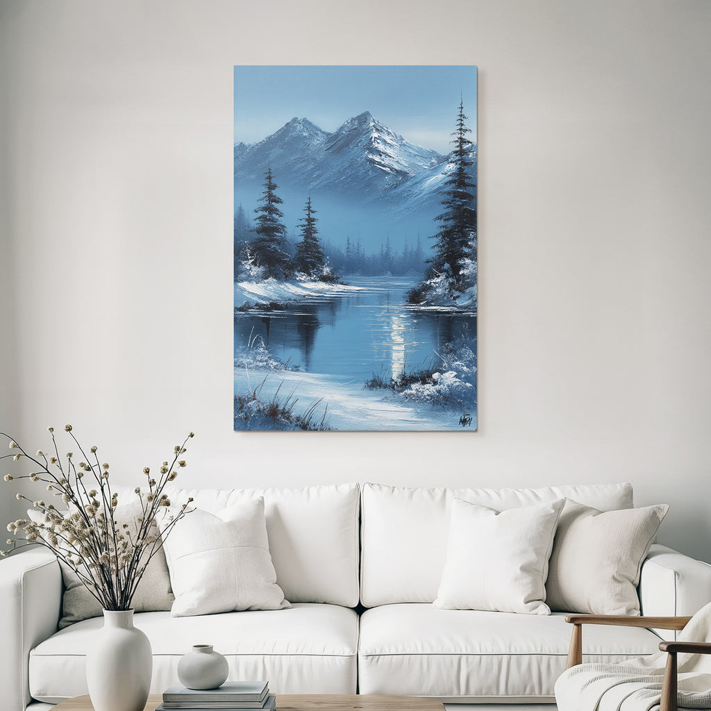 Winterlandschaft Mit Schneebedeckten Bergen Und Tannen Vor Spiegelndem See
