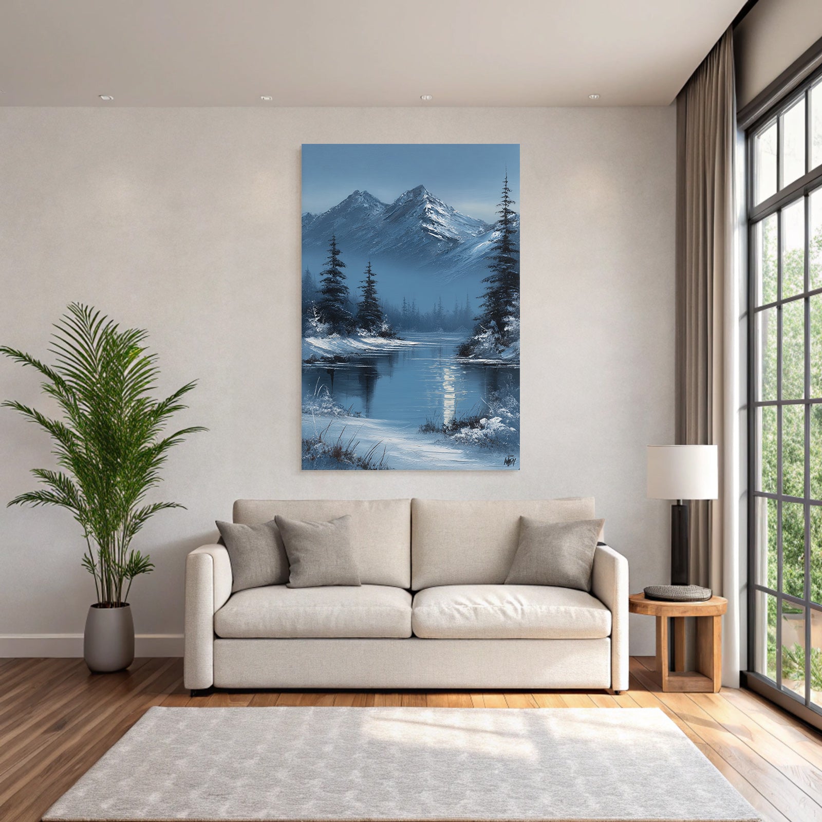Winterlandschaft Mit Schneebedeckten Bergen Und Tannen Vor Spiegelndem See