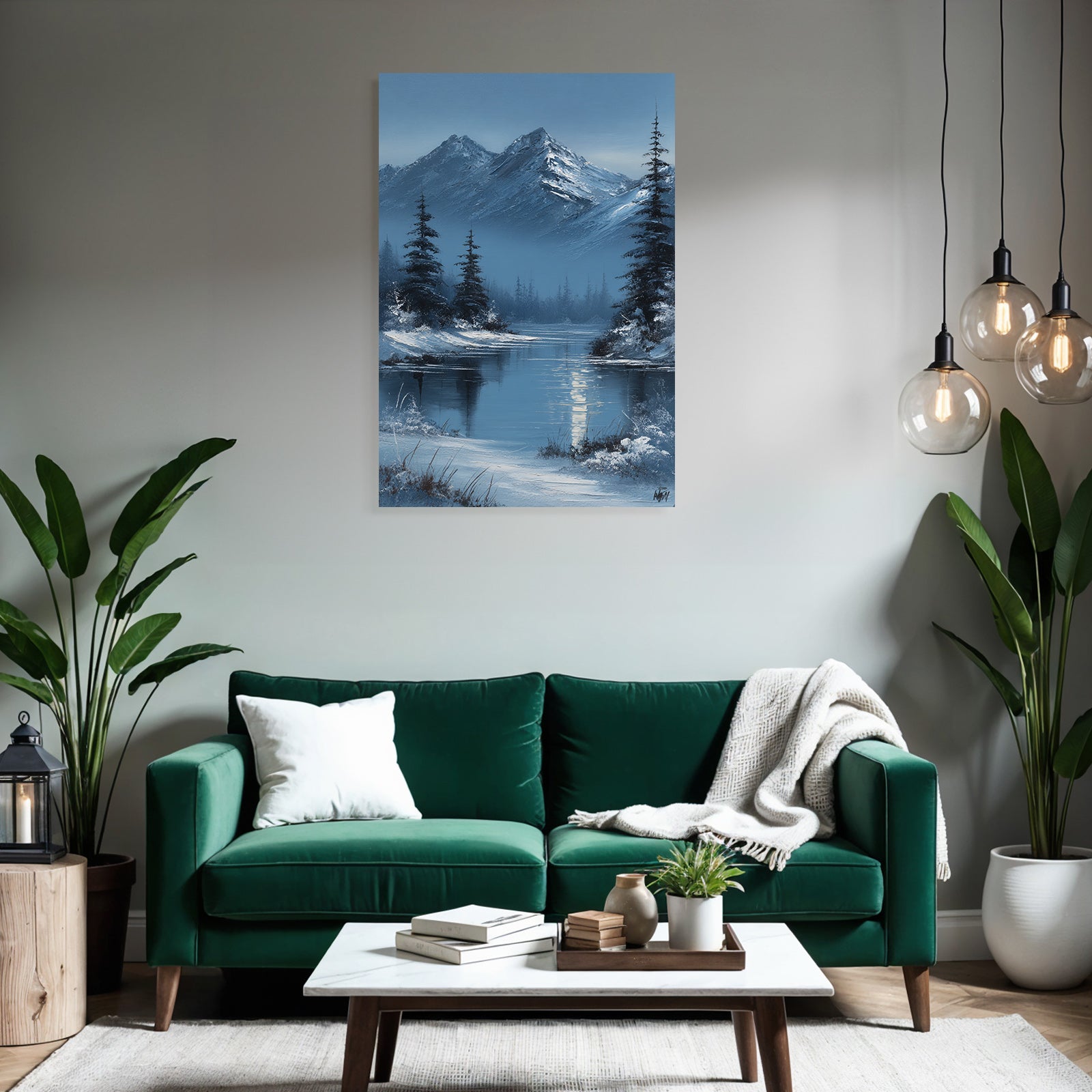 Winterlandschaft Mit Schneebedeckten Bergen Und Tannen Vor Spiegelndem See