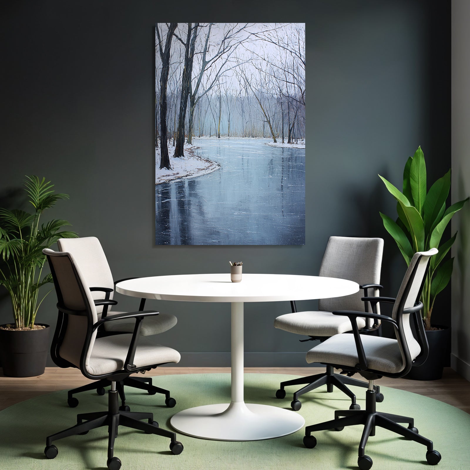 Winterlandschaft Mit Spiegelung Und Schnee Bedeckten Bäumen