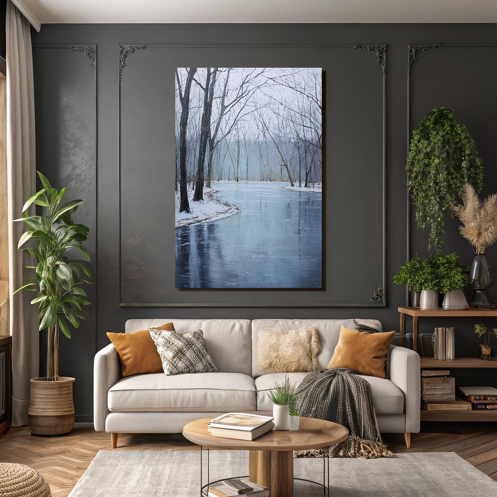 Winterlandschaft Mit Spiegelung Und Schnee Bedeckten Bäumen