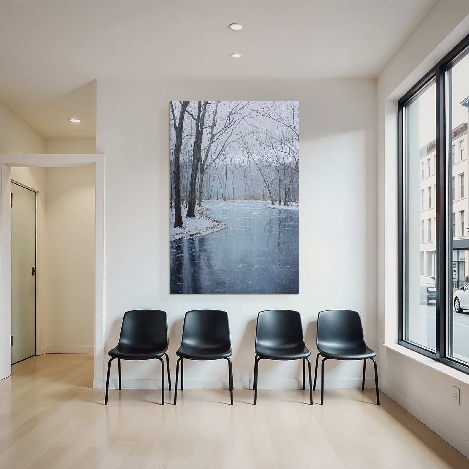 Winterlandschaft Mit Spiegelung Und Schnee Bedeckten Bäumen