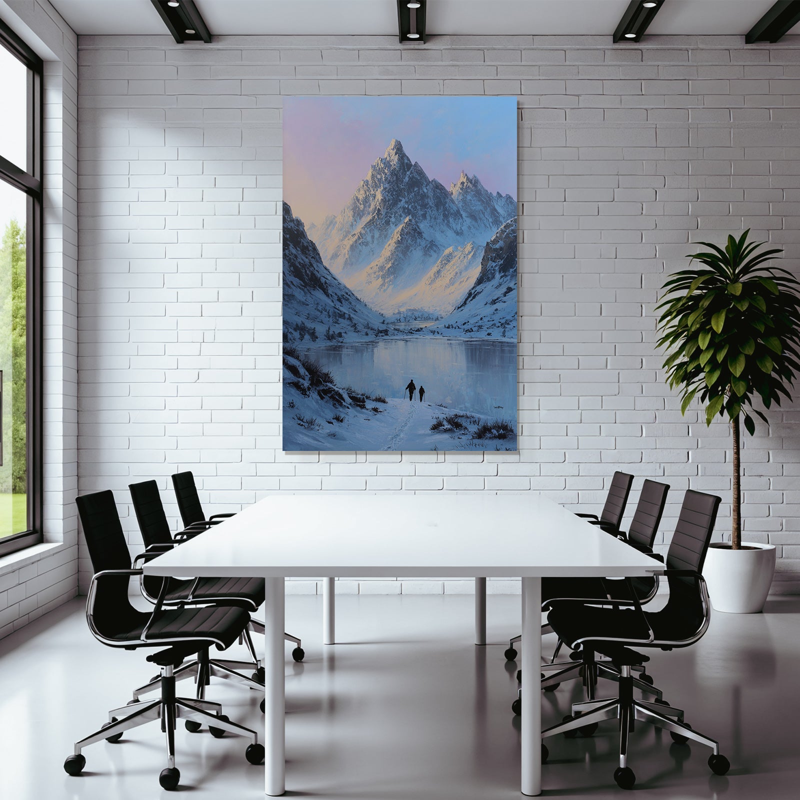 Winterlandschaft Mit Verschneiten Bergspitzen Und Zwei Wanderern Am Spiegelnden See