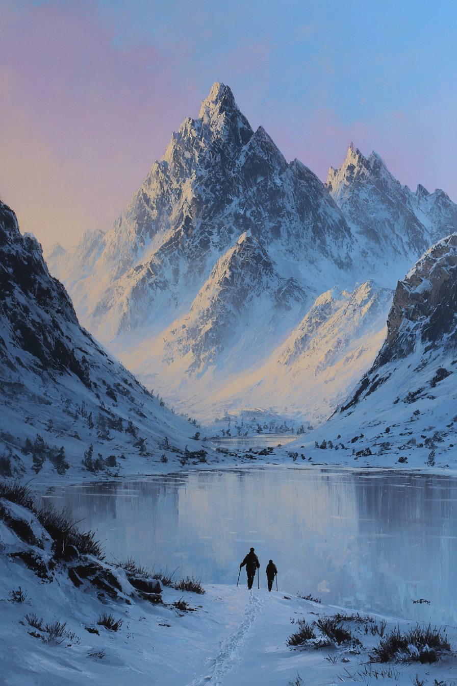 Winterlandschaft Mit Verschneiten Bergspitzen Und Zwei Wanderern Am Spiegelnden See | Eis und Schnee | Natur