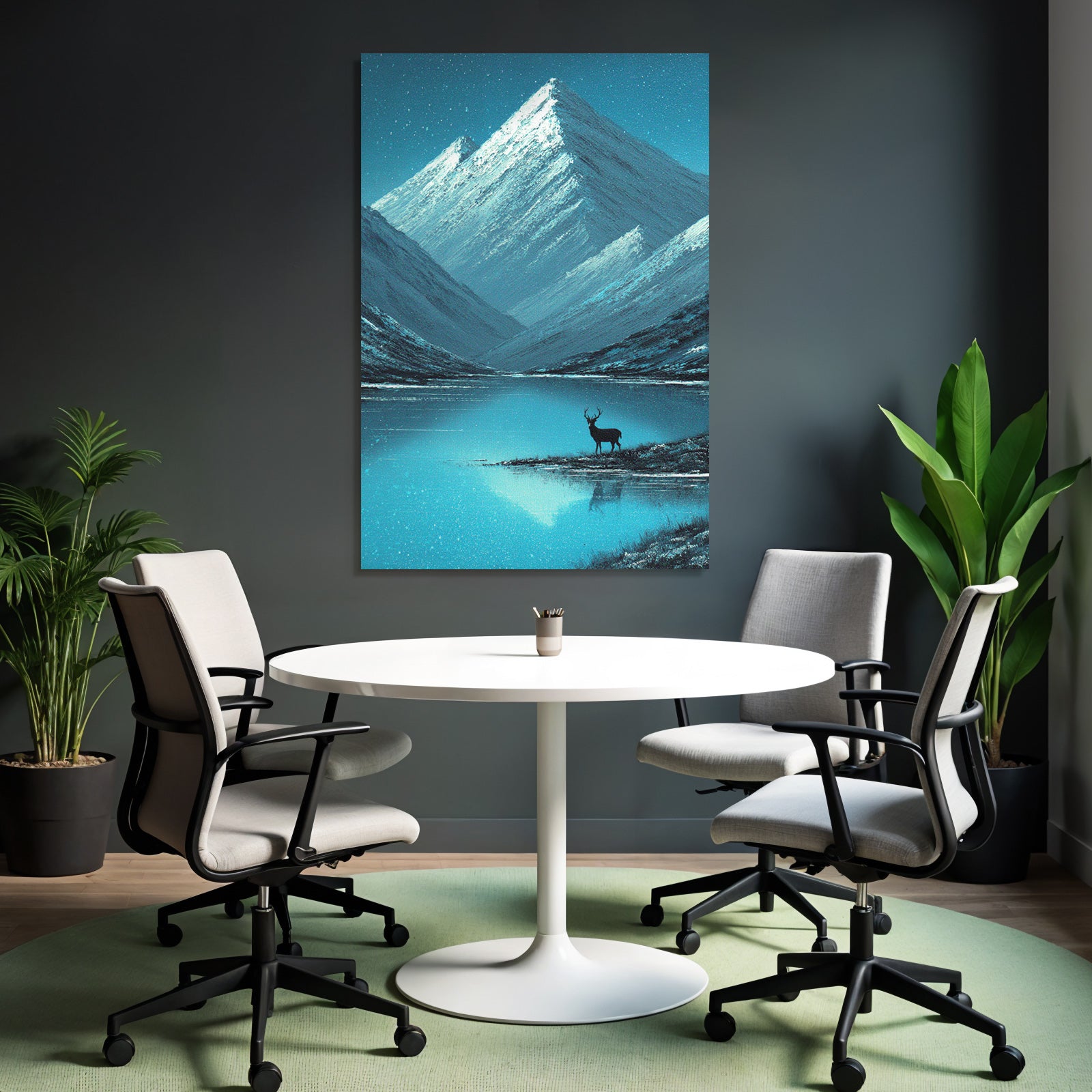 Wintrige Gebirgslandschaft Mit Hirschsilhoütte Und Schneefall