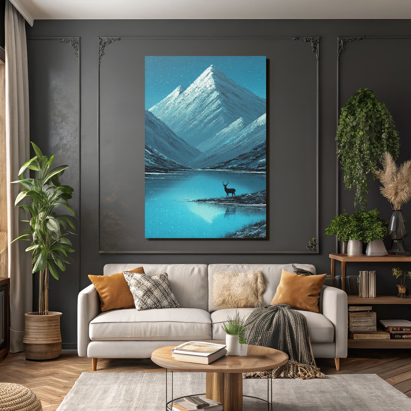 Wintrige Gebirgslandschaft Mit Hirschsilhoütte Und Schneefall