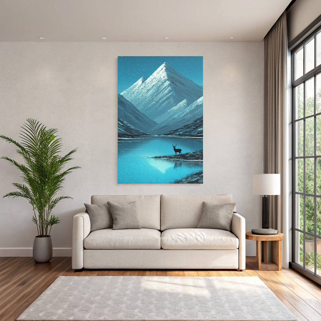 Wintrige Gebirgslandschaft Mit Hirschsilhoütte Und Schneefall