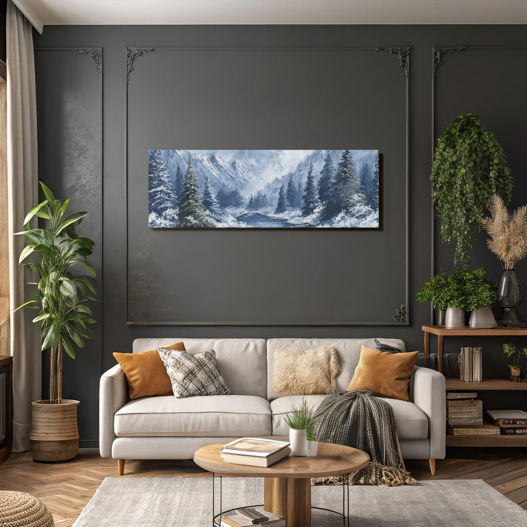 Friedliche Winterlandschaft Mit Verschneiten Bergen Und Fichten Am Fluss