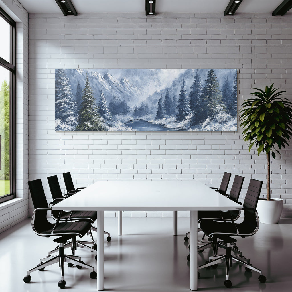Friedliche Winterlandschaft Mit Verschneiten Bergen Und Fichten Am Fluss