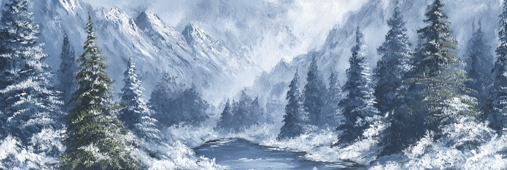 Friedliche Winterlandschaft Mit Verschneiten Bergen Und Fichten Am Fluss | Eis und Schnee | Natur