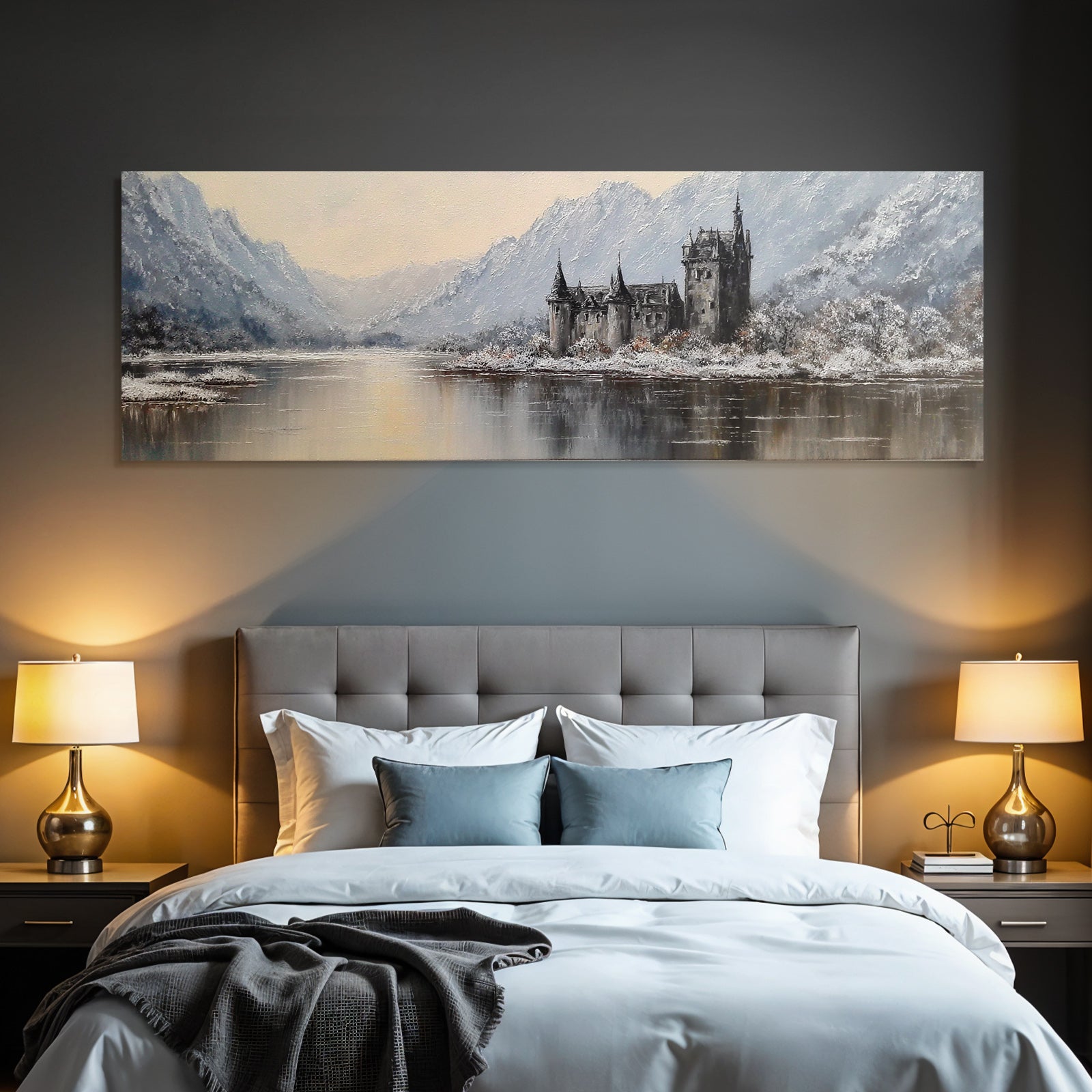 Malerische Landschaft Mit Schloss Am See Spiegelung Vor Bergen