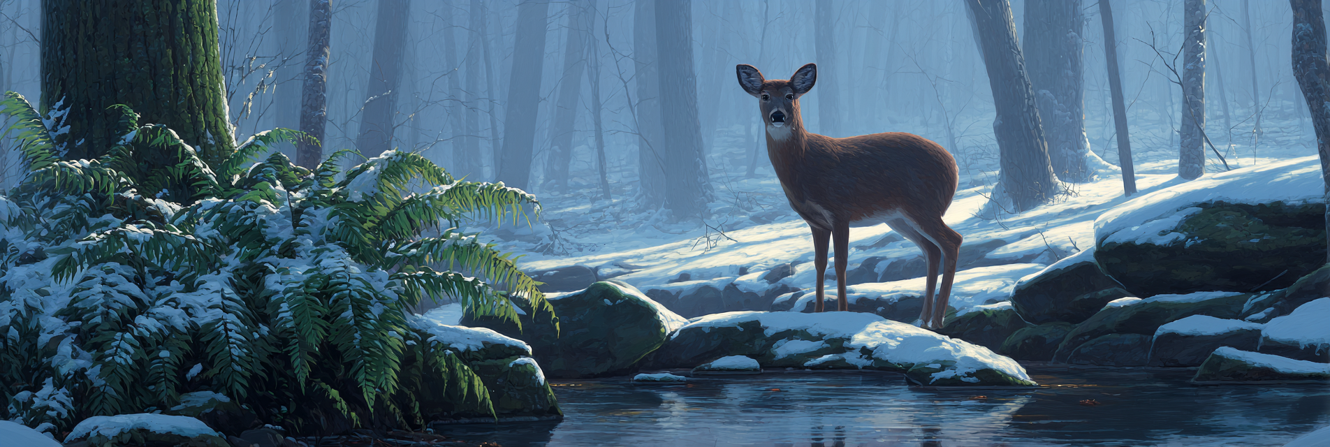 Reh Am Winterbach Im Verschneiten Wald | Eis und Schnee | Natur
