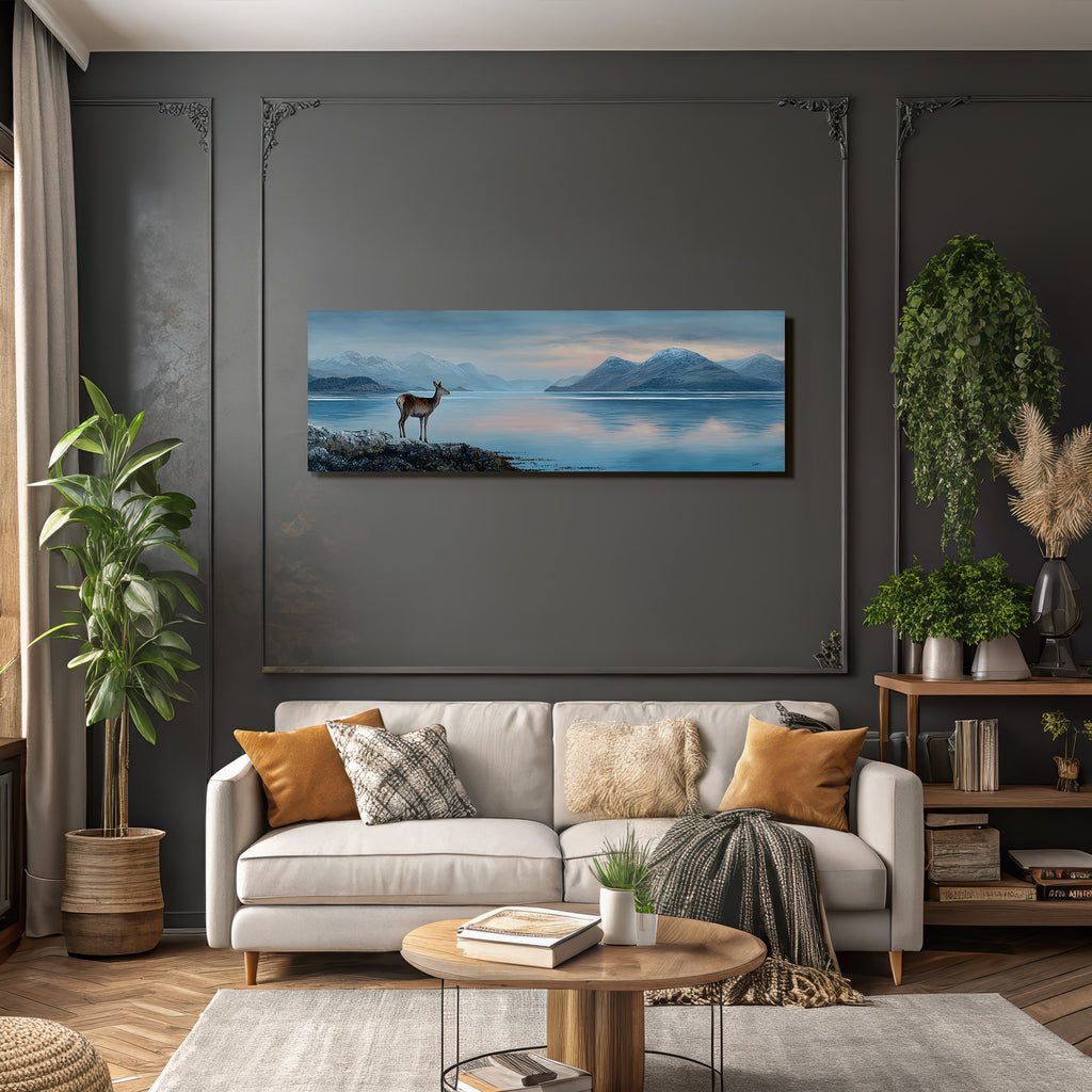 Ruhige Landschaft Mit Hirsch Am Seeufer