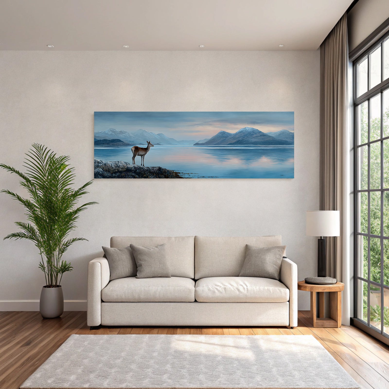 Ruhige Landschaft Mit Hirsch Am Seeufer