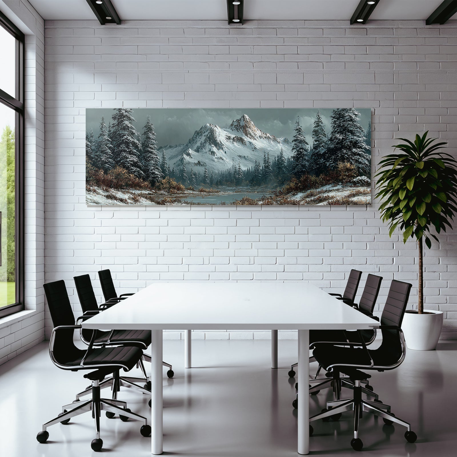 Verschneite Berglandschaft Mit Wald Und See Unter Wolkigem Himmel