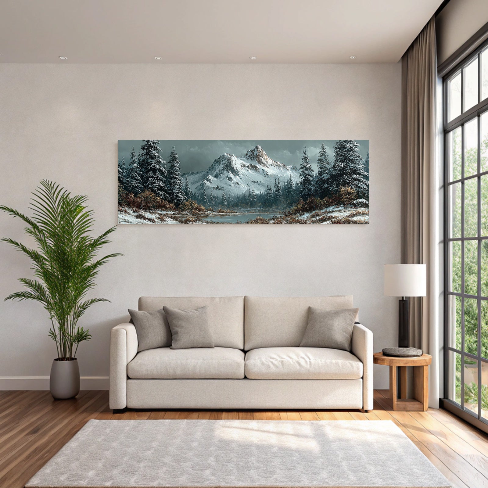 Verschneite Berglandschaft Mit Wald Und See Unter Wolkigem Himmel