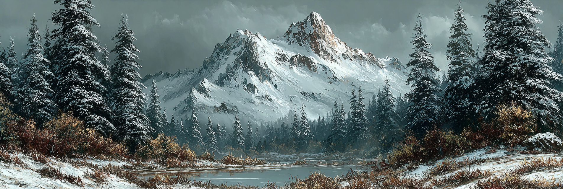 Verschneite Berglandschaft Mit Wald Und See Unter Wolkigem Himmel | Eis und Schnee | Natur