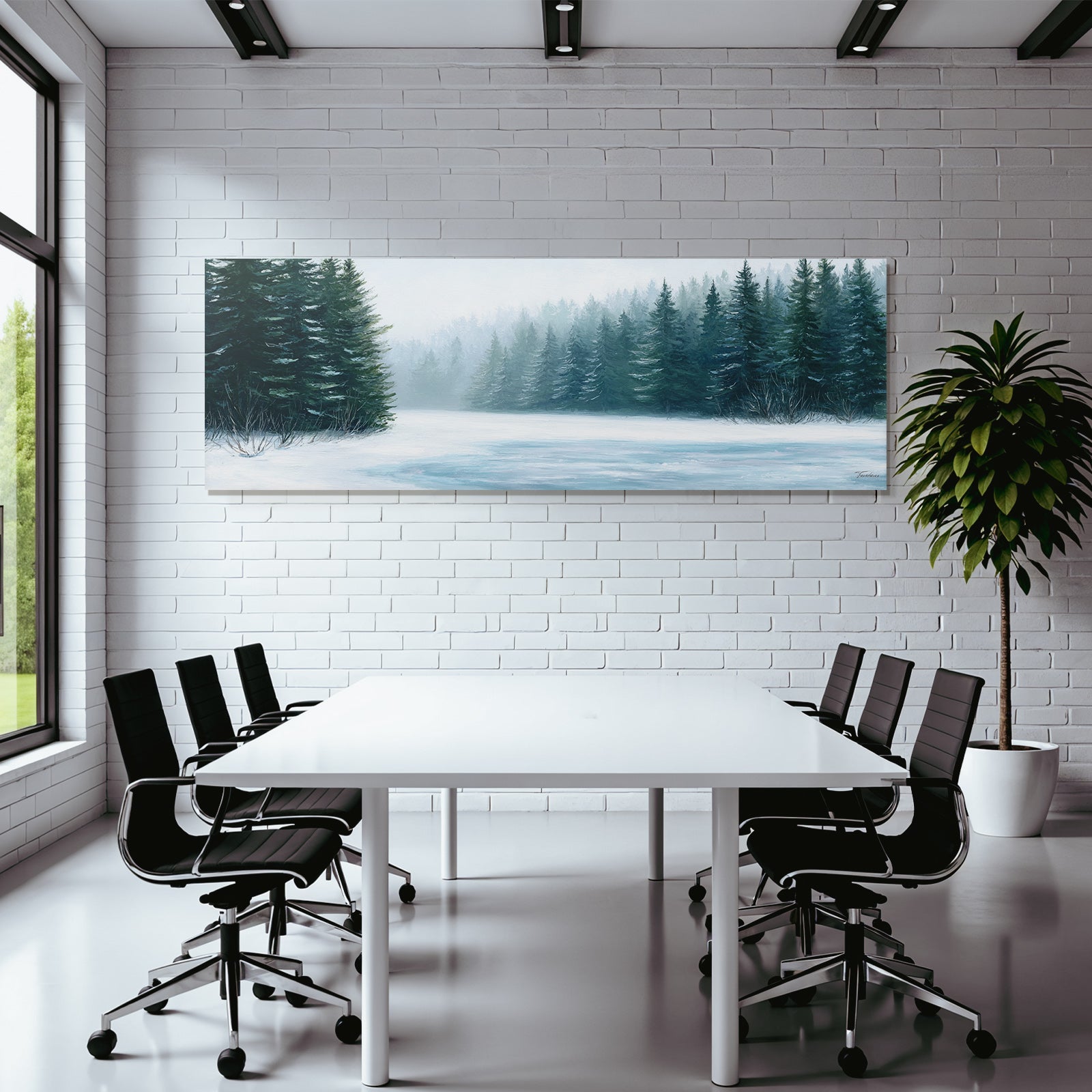 Winterlandschaft Mit Hohen Nadelbäumen Im Nebel