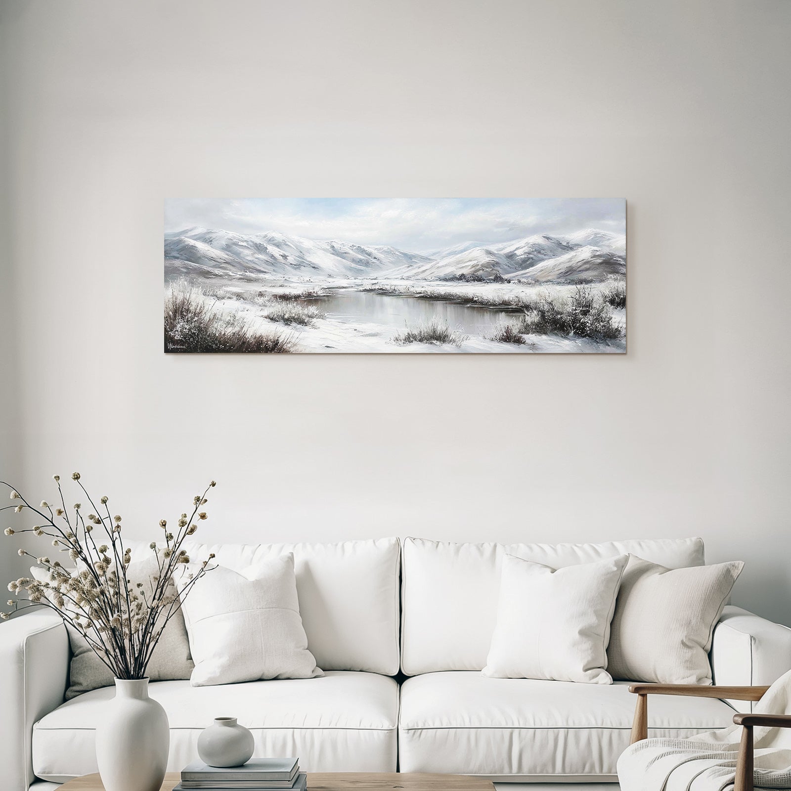 Winterlandschaft Mit Schneebedeckten Bergen Und Spiegelndem Fluss