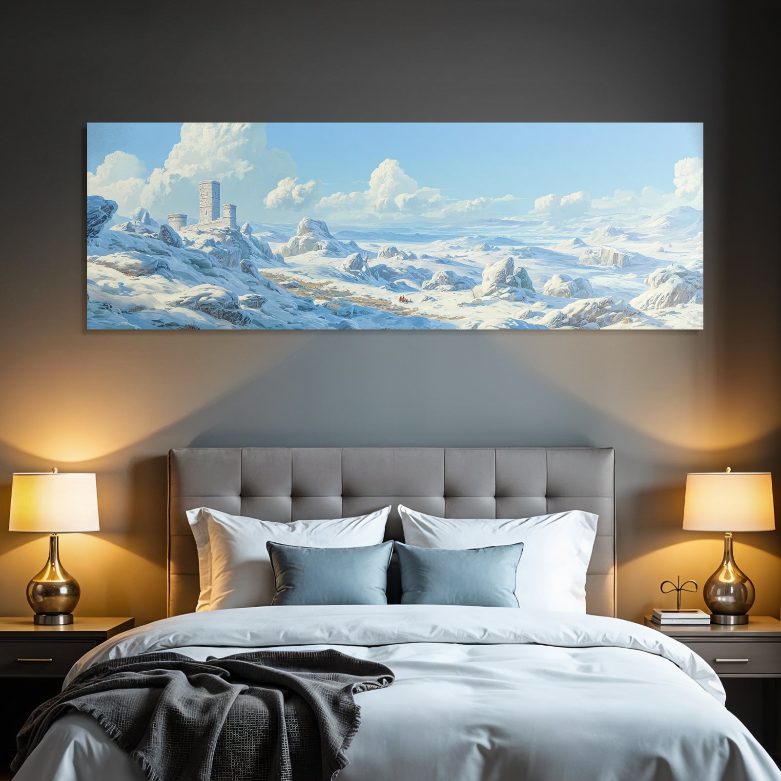 Winterlandschaft Mit Schneebedeckten Felsen Ruinen Und Reisenden