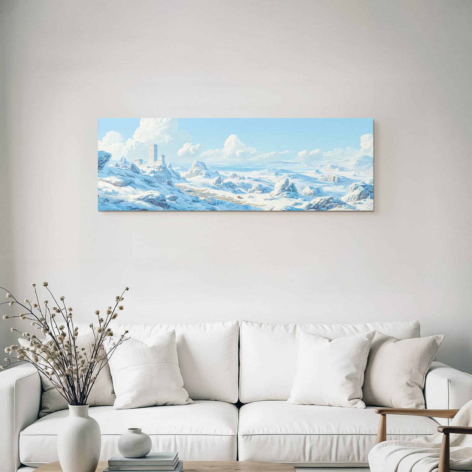 Winterlandschaft Mit Schneebedeckten Felsen Ruinen Und Reisenden