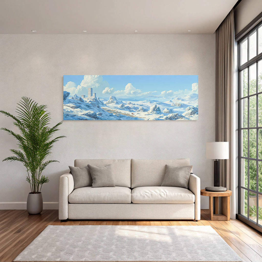 Winterlandschaft Mit Schneebedeckten Felsen Ruinen Und Reisenden