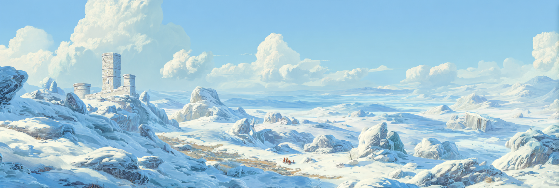 Winterlandschaft Mit Schneebedeckten Felsen Ruinen Und Reisenden | Eis und Schnee | Natur