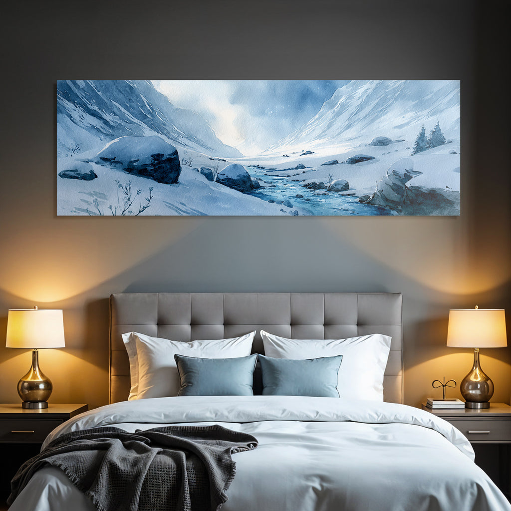 Winterlandschaft Mit Verschneiten Bergen Und Einem Vereisten Fluss