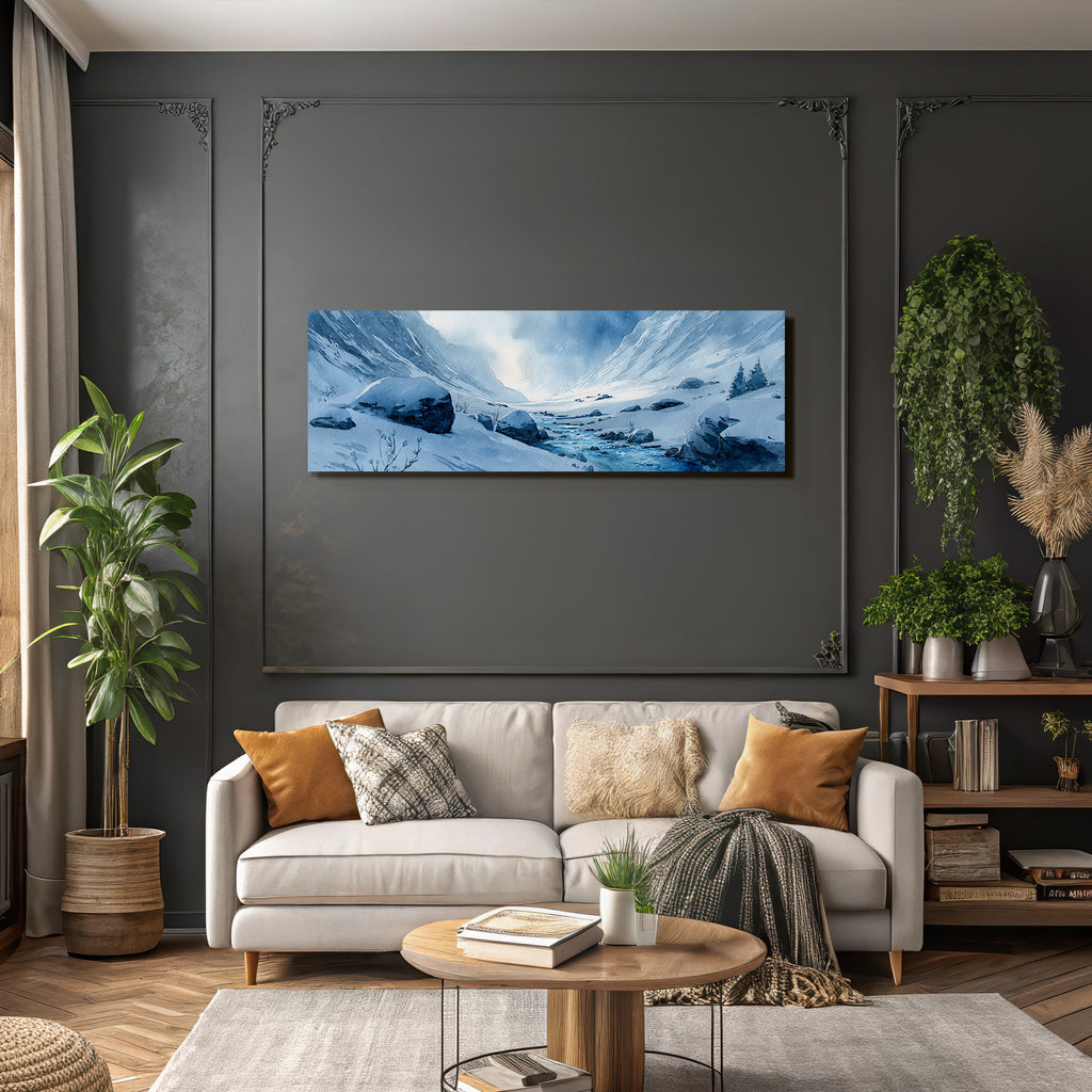Winterlandschaft Mit Verschneiten Bergen Und Einem Vereisten Fluss