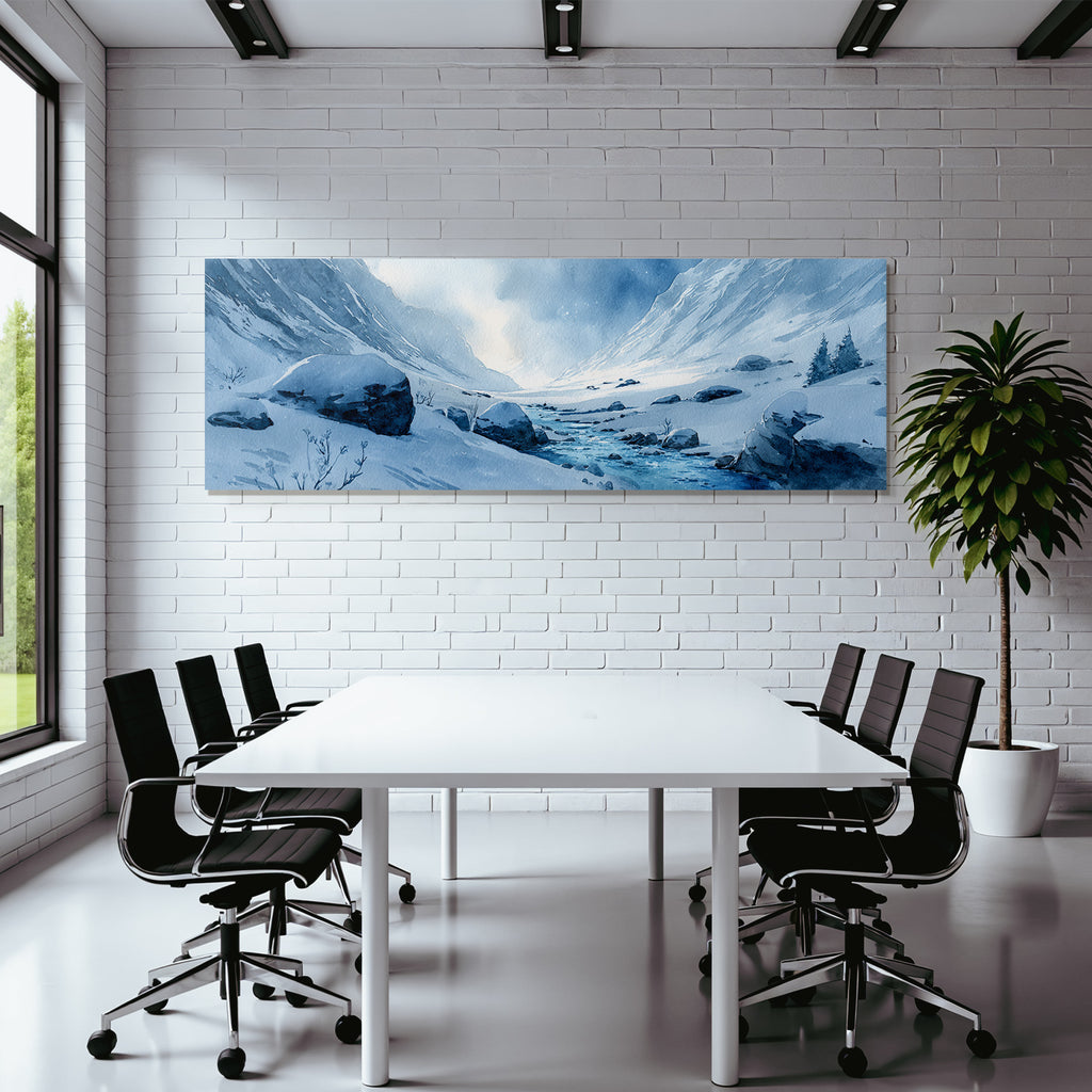 Winterlandschaft Mit Verschneiten Bergen Und Einem Vereisten Fluss