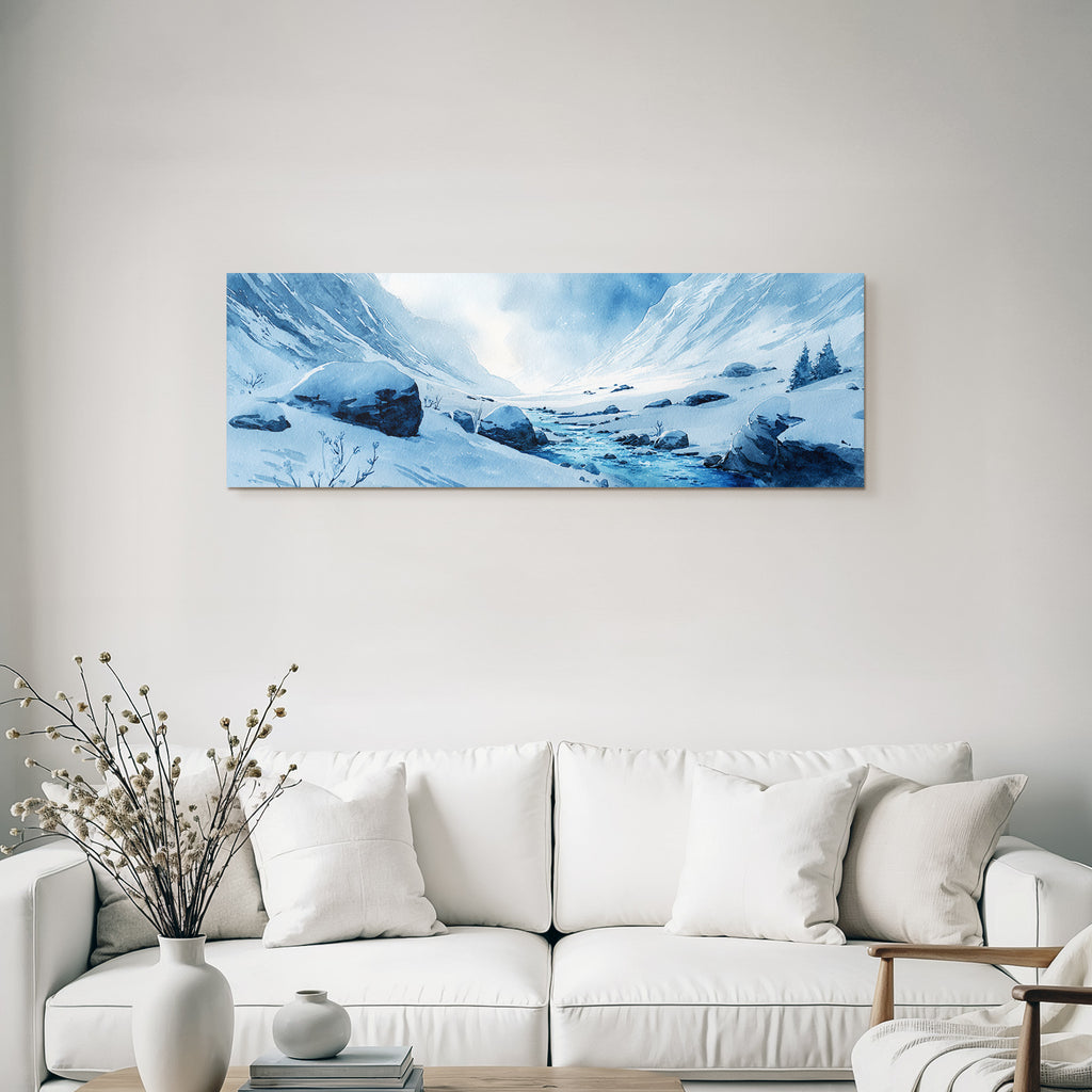 Winterlandschaft Mit Verschneiten Bergen Und Einem Vereisten Fluss