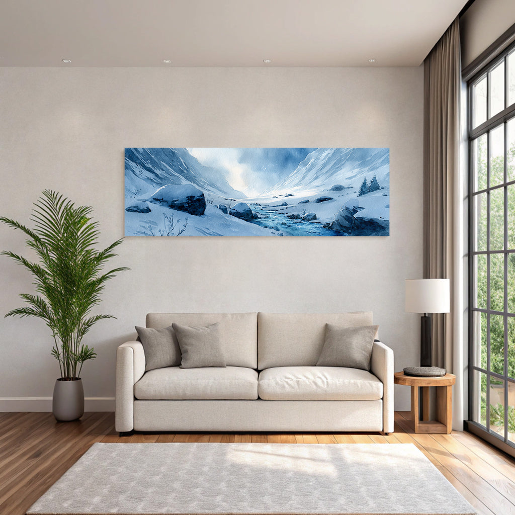 Winterlandschaft Mit Verschneiten Bergen Und Einem Vereisten Fluss