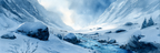 Winterlandschaft Mit Verschneiten Bergen Und Einem Vereisten Fluss | Eis und Schnee | Natur
