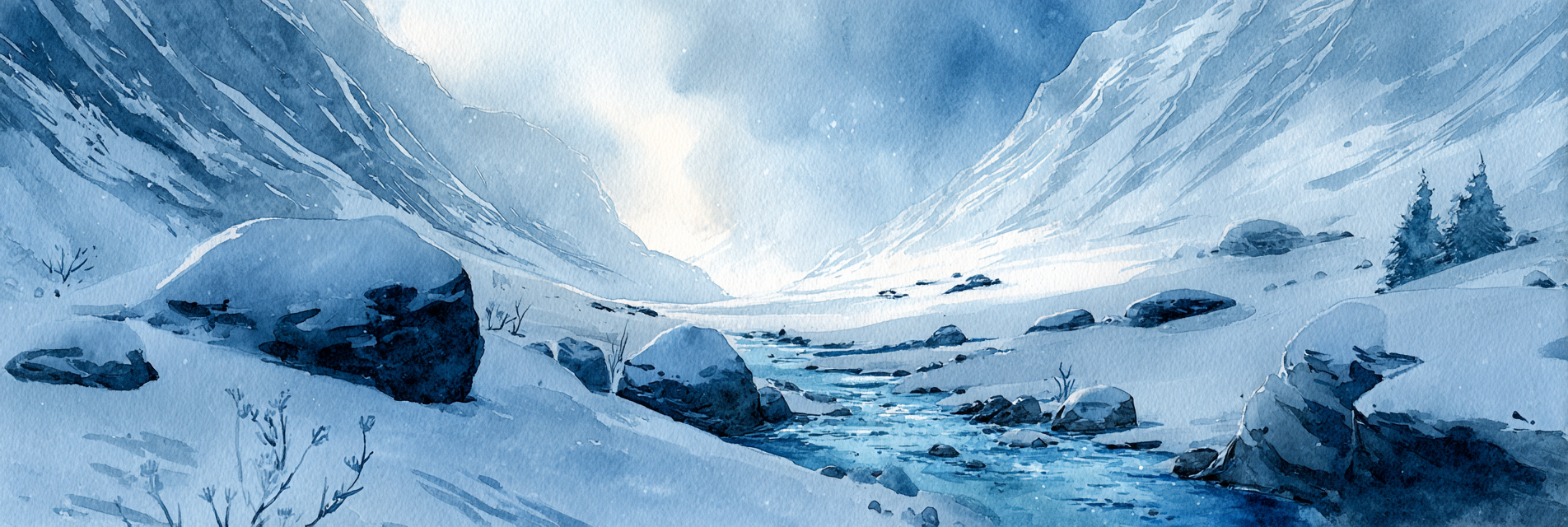 Winterlandschaft Mit Verschneiten Bergen Und Einem Vereisten Fluss | Eis und Schnee | Natur