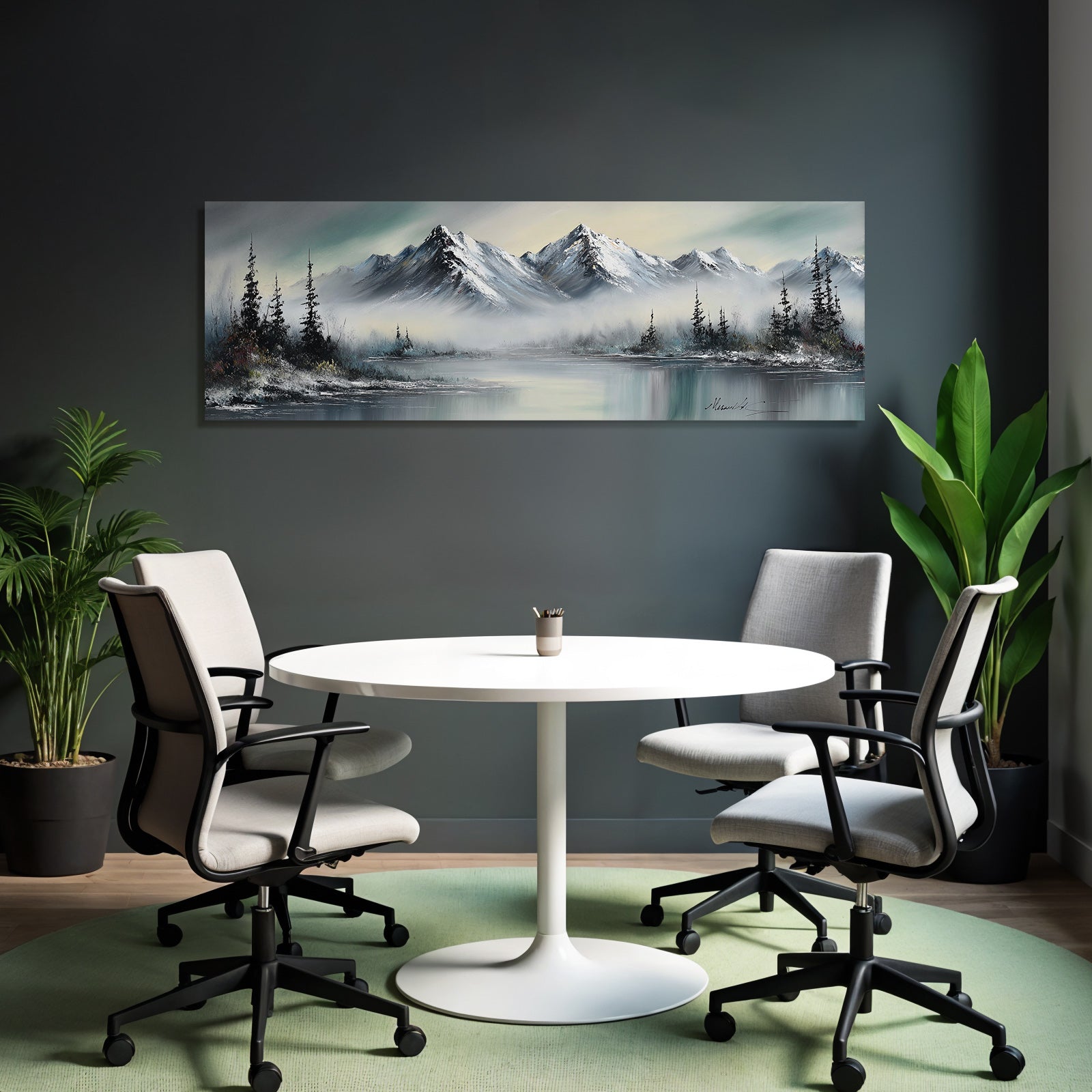 Winterliche Berglandschaft Mit Verschneiten Gipfeln Nebligen Tälern Und Waldspiegelung