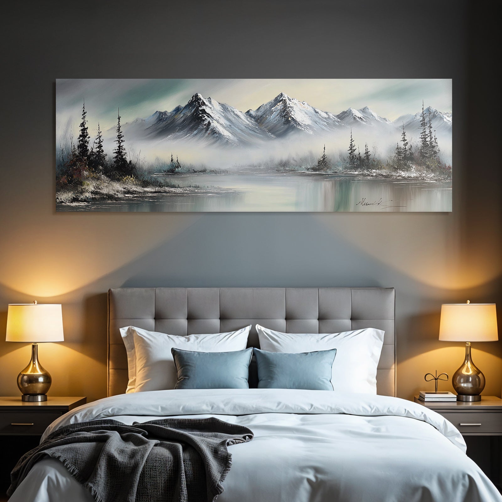 Winterliche Berglandschaft Mit Verschneiten Gipfeln Nebligen Tälern Und Waldspiegelung