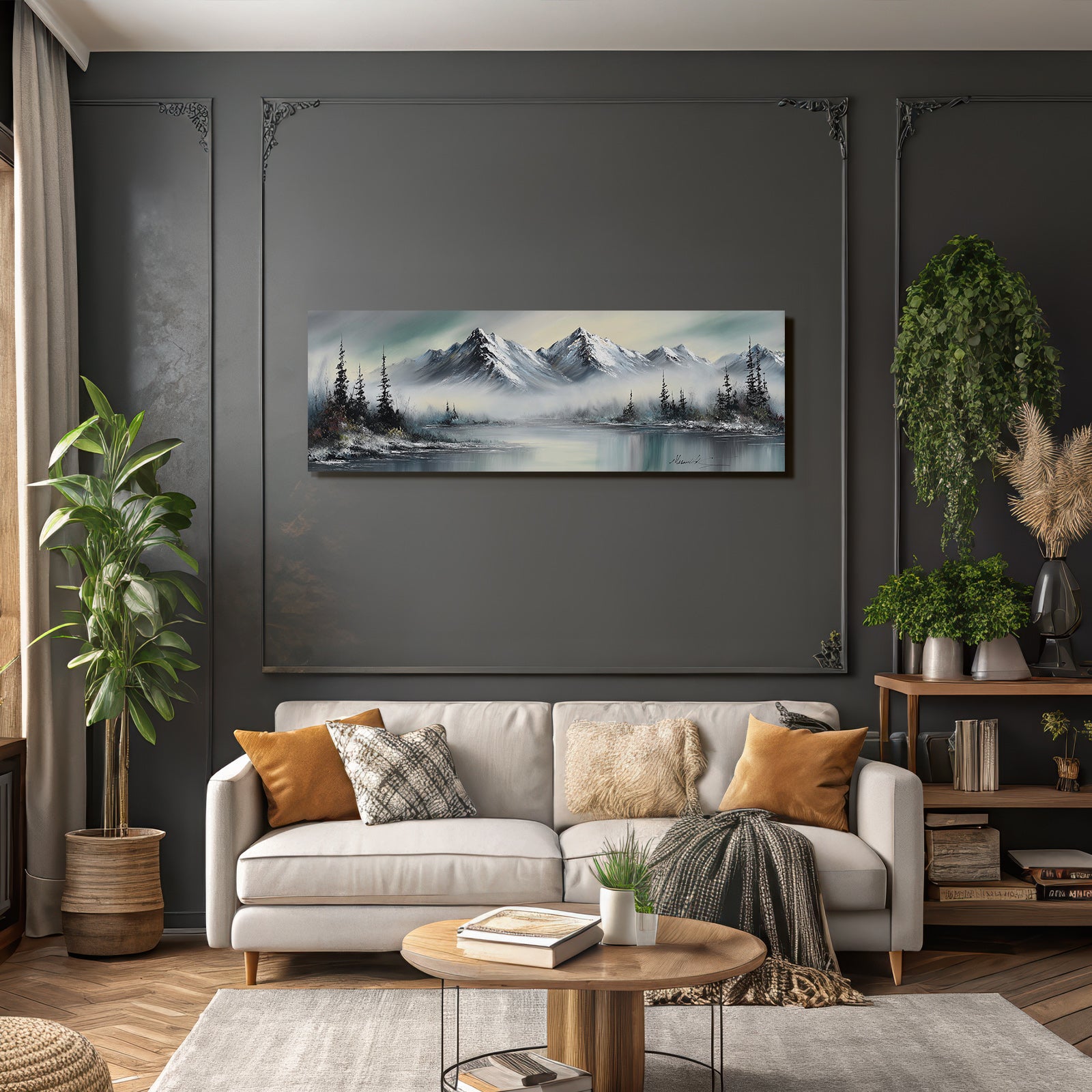 Winterliche Berglandschaft Mit Verschneiten Gipfeln Nebligen Tälern Und Waldspiegelung