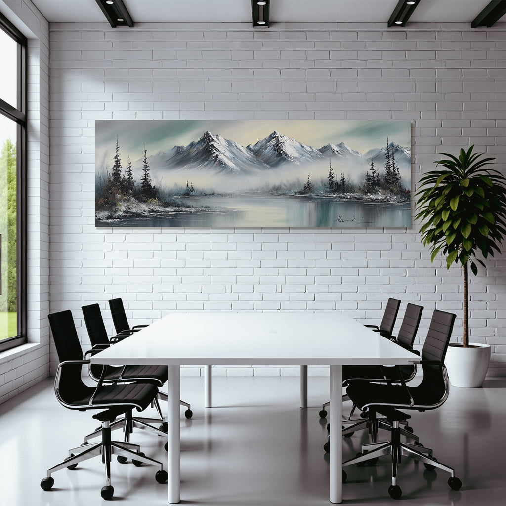 Winterliche Berglandschaft Mit Verschneiten Gipfeln Nebligen Tälern Und Waldspiegelung