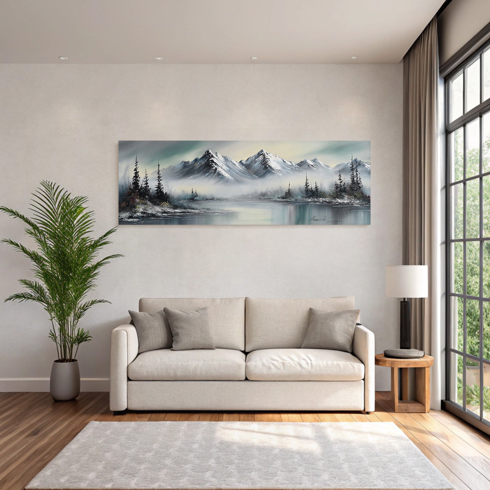 Winterliche Berglandschaft Mit Verschneiten Gipfeln Nebligen Tälern Und Waldspiegelung