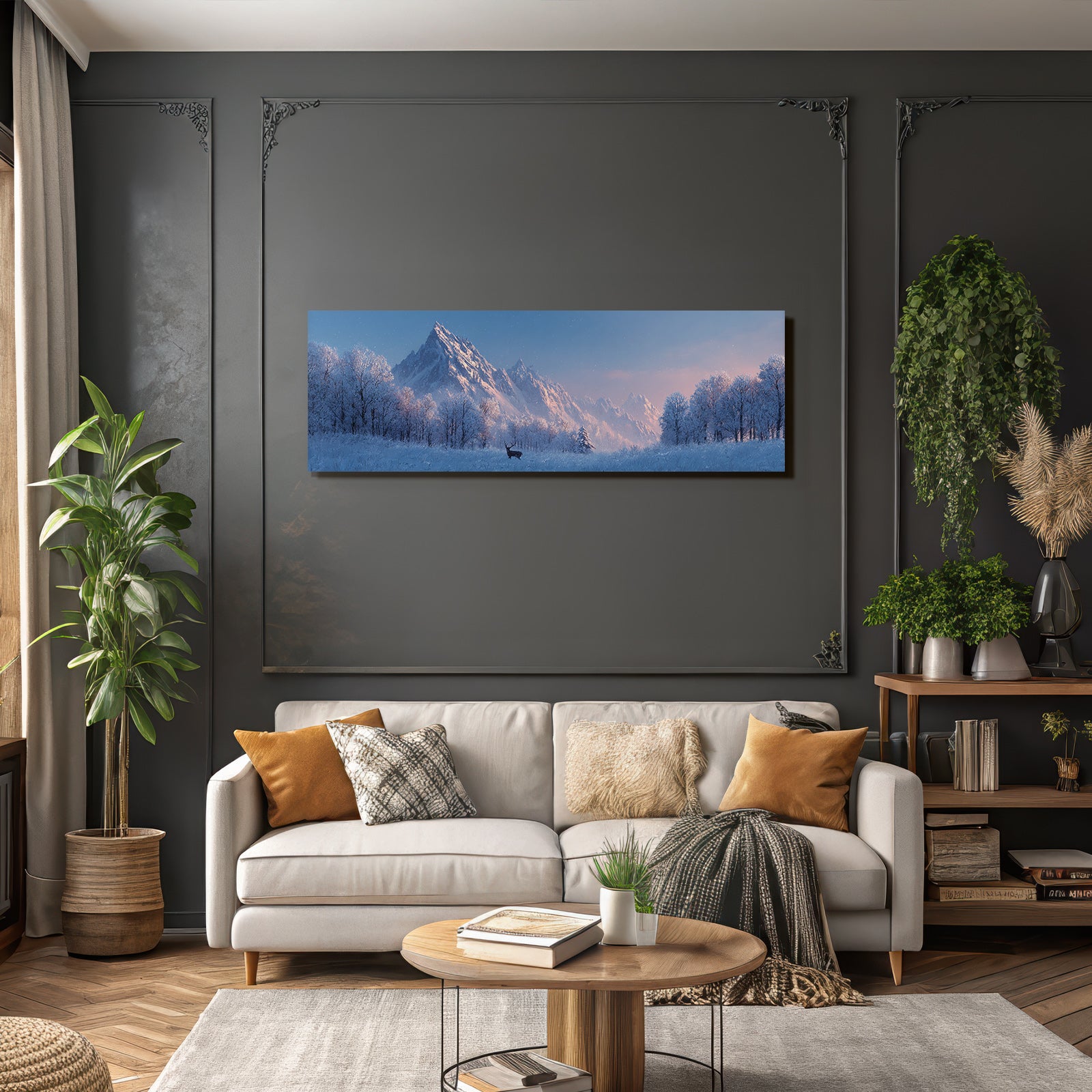 Winterliche Landschaft Mit Schneebedeckten Bergen Und Reh
