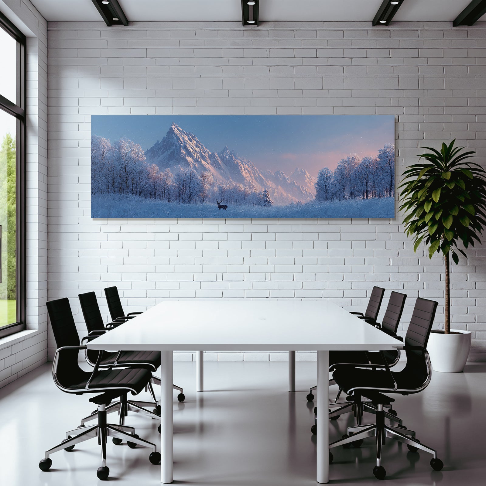 Winterliche Landschaft Mit Schneebedeckten Bergen Und Reh