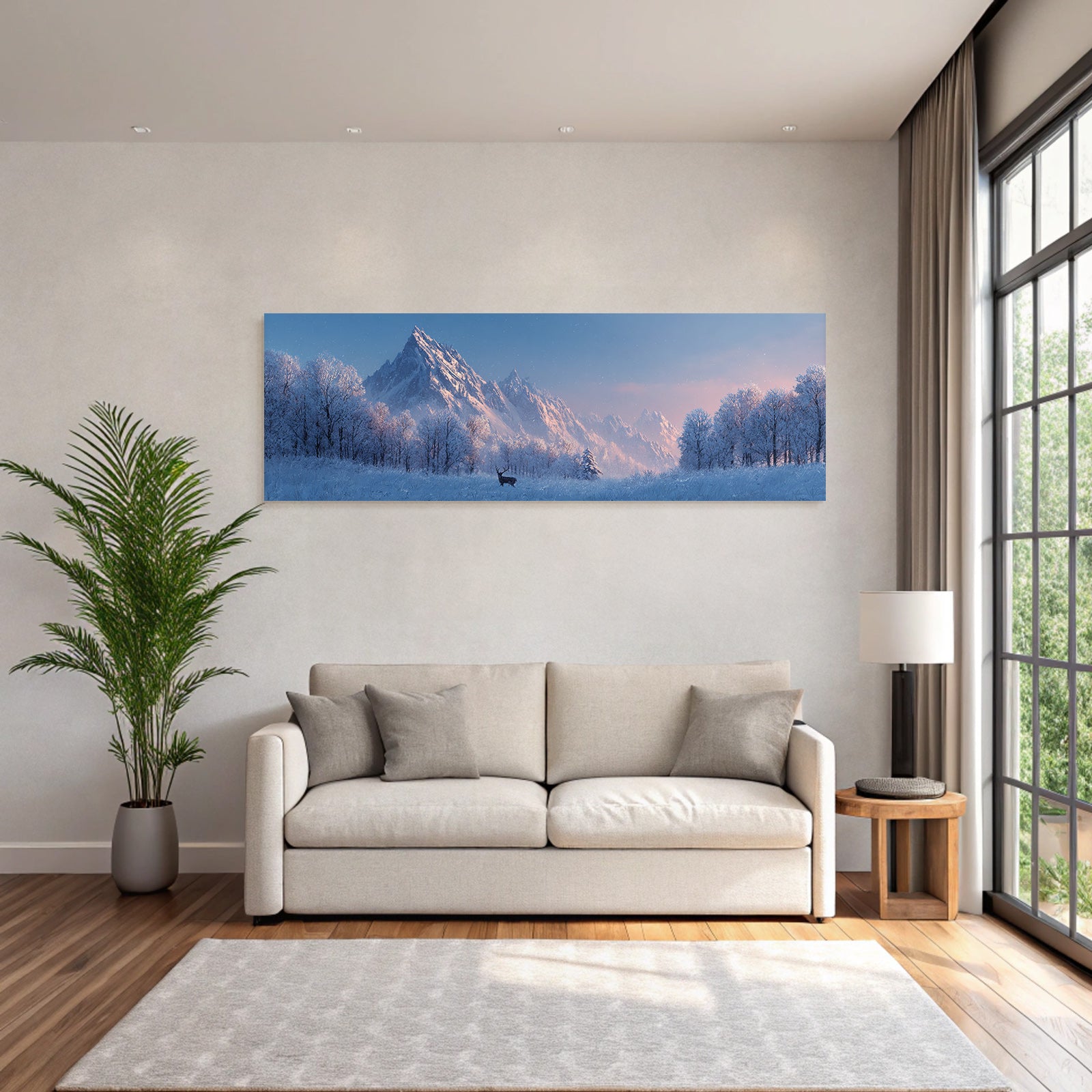 Winterliche Landschaft Mit Schneebedeckten Bergen Und Reh