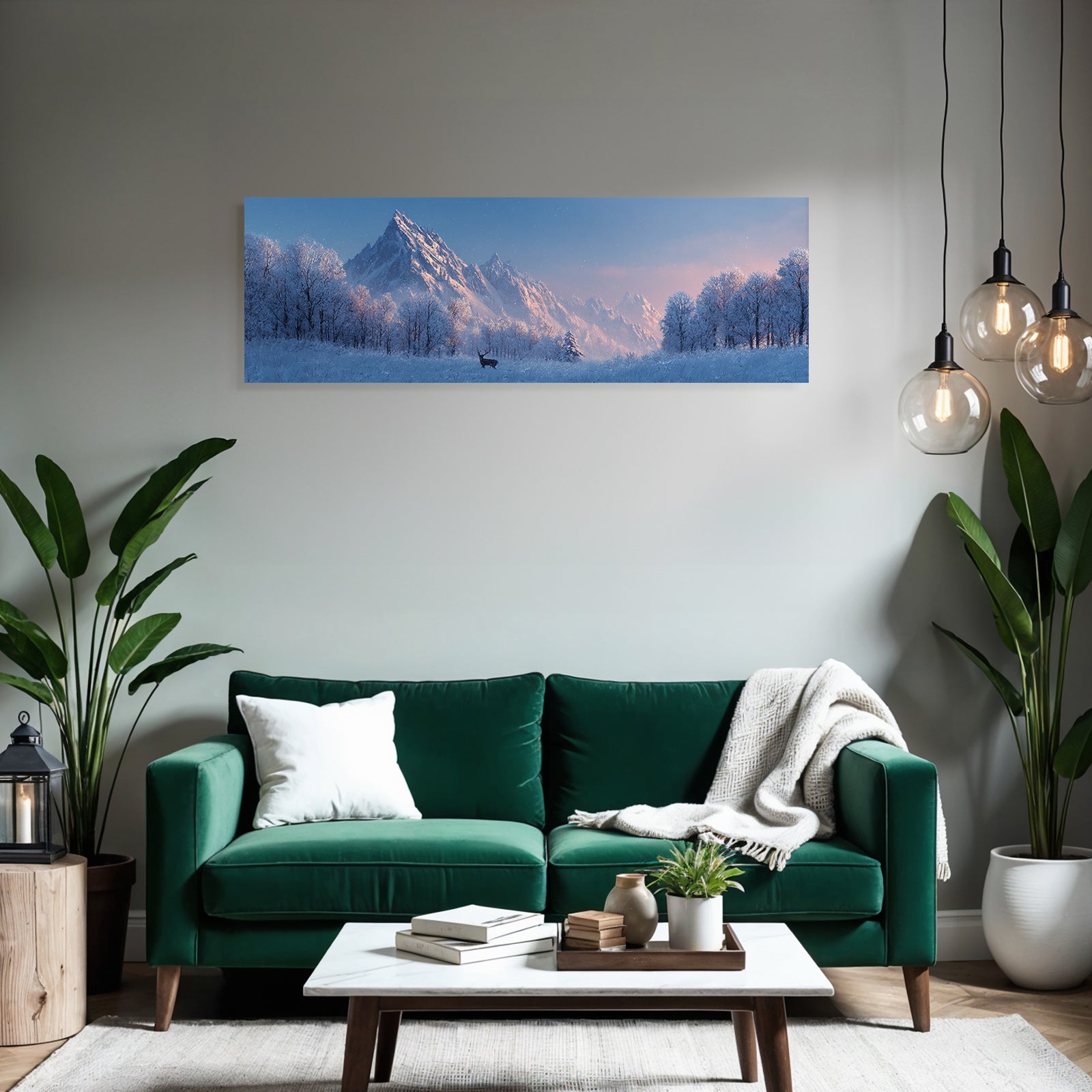 Winterliche Landschaft Mit Schneebedeckten Bergen Und Reh