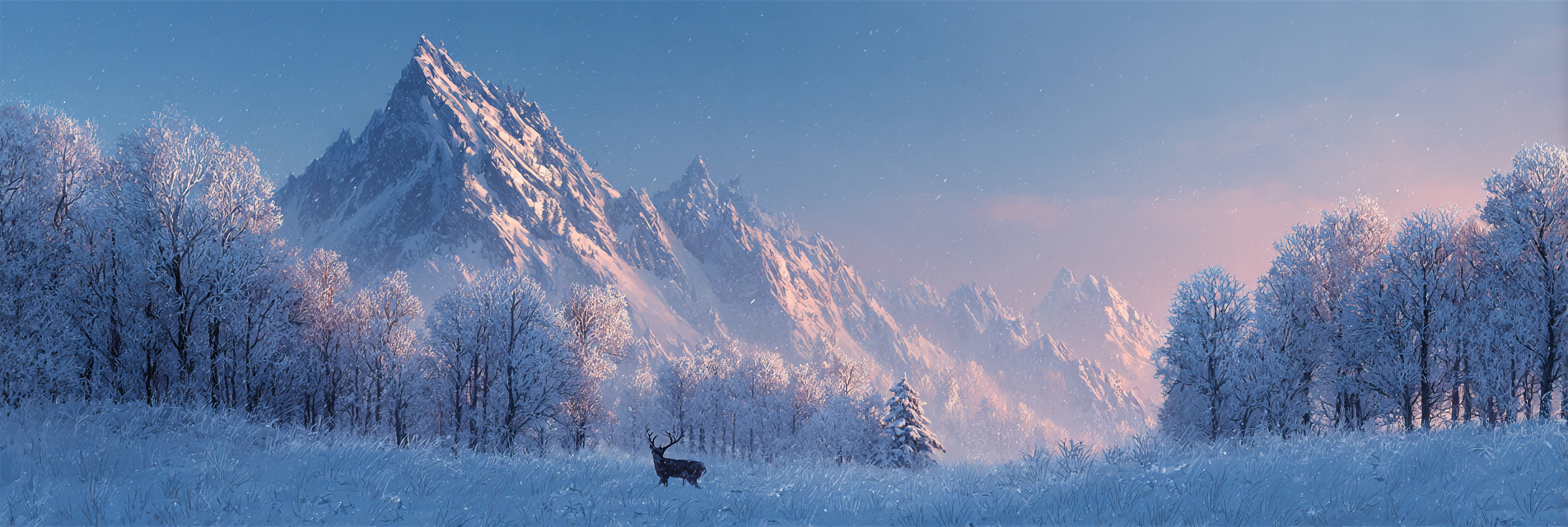 Winterliche Landschaft Mit Schneebedeckten Bergen Und Reh | Eis und Schnee | Natur