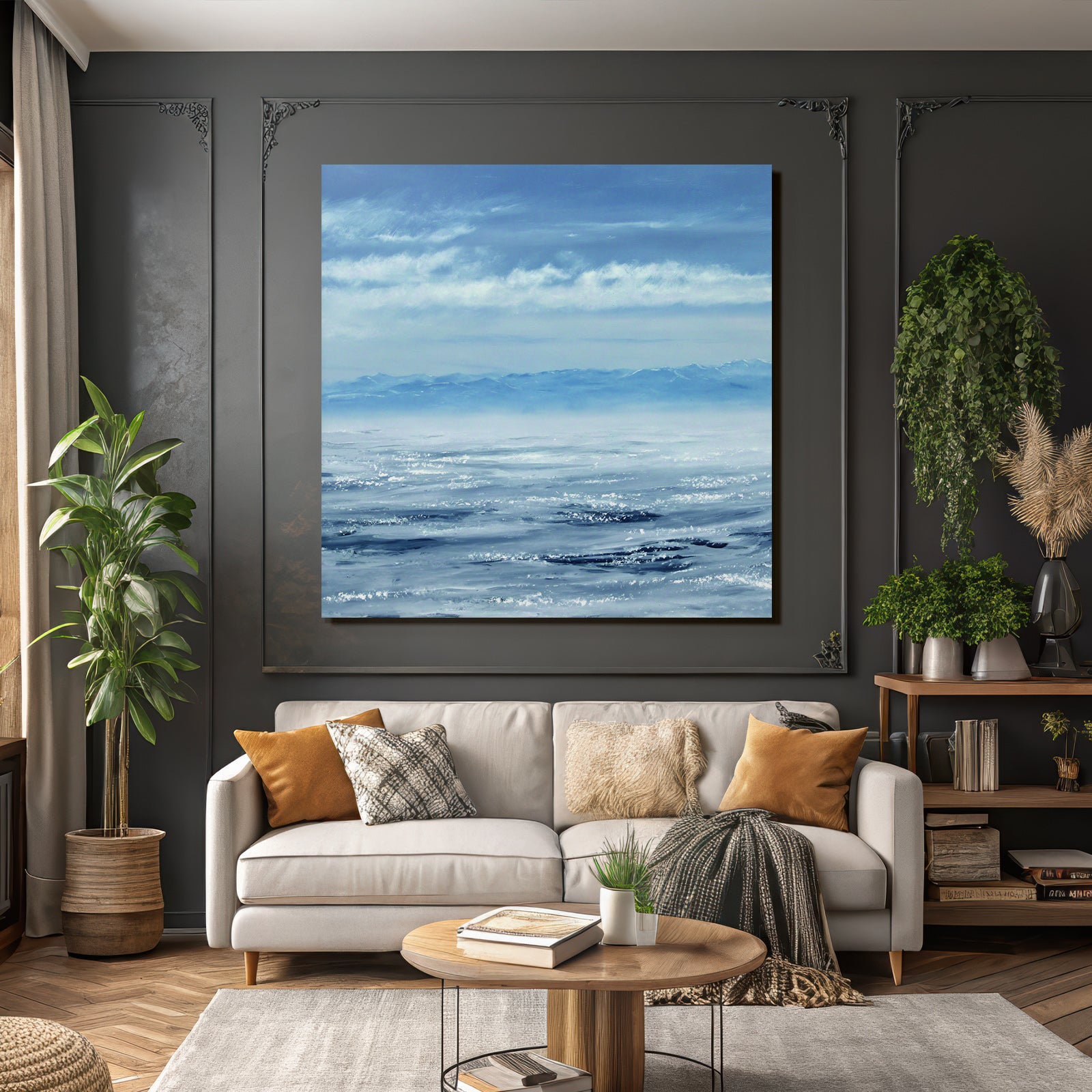 Beruhigendes Meer Mit Wellen Und Bergen Am Horizont
